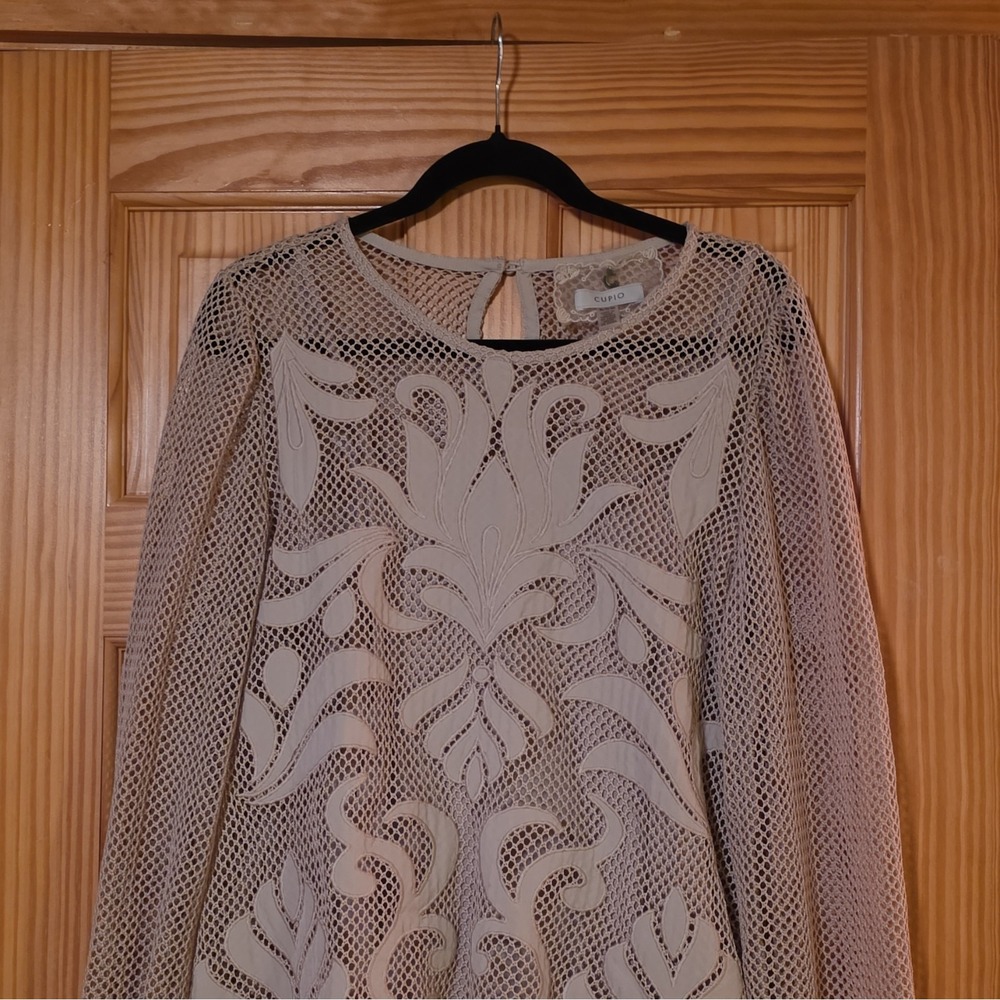 Cupio Women's XL Beige Solid Mesh Applique Long Sleeve Scoop Neck Blouse